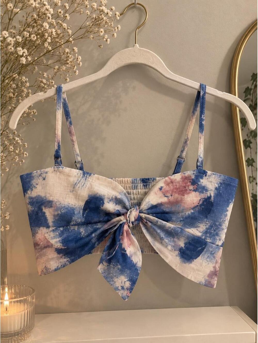 Windsor Blue/pink tie-dye crop top with bow detail